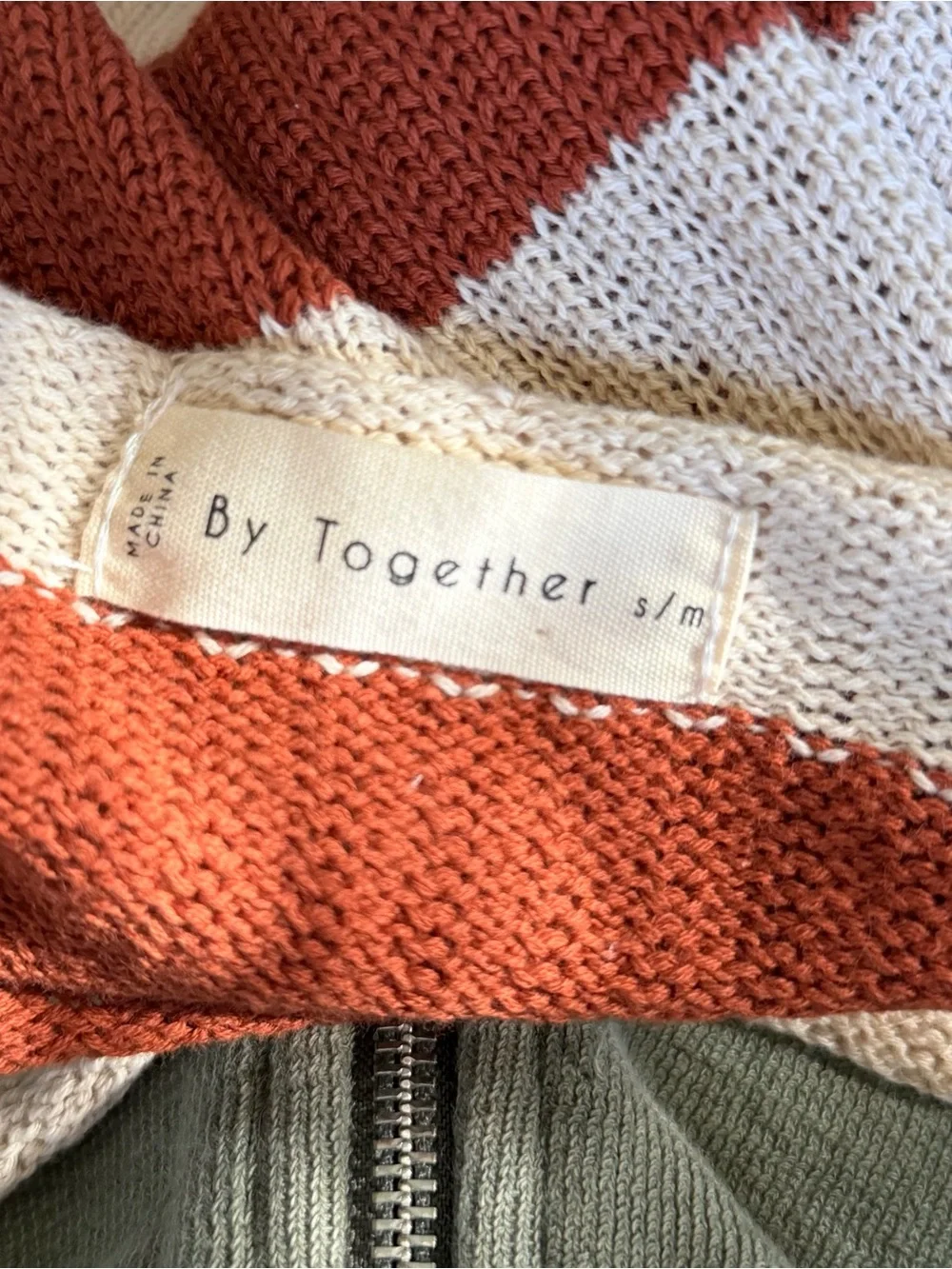 By Together Striped Lace-Up Sleeve Sweater S/M Rust Cream 100% Cotton Boho